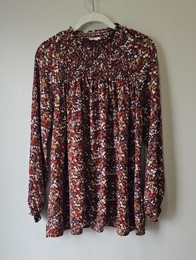 Molly Bracken Multicolor Floral Smocked Top - Burgundy, Mustard, Teal